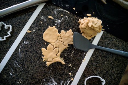 Téléchargez les photos : Sugar Cookie Dough Cut in Fall Shapes on Counter - en image libre de droit