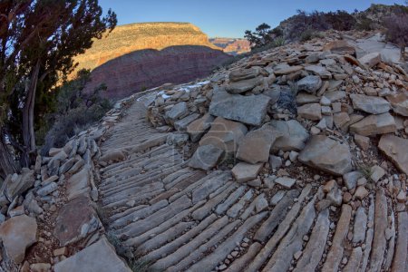 Foto de A section of Hermit Trail in winter at Grand Canyon Arizona made from sandstone shaped like bricks. - Imagen libre de derechos