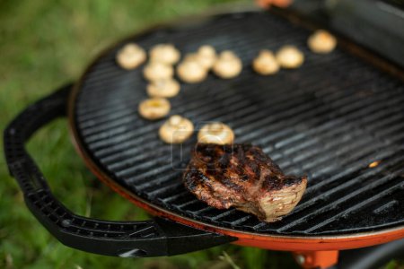 Foto de Meat at picnic. Cooking outdoors. Barbeccu in summer. Hot grate in kitchen. Delicious food. - Imagen libre de derechos