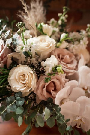 Close Up of Wedding Bouquet of White and Pink Roses