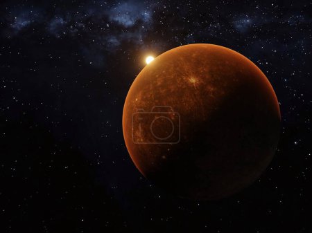 Foto de 3d render of mercury and sun and milky way view from orbit - Imagen libre de derechos