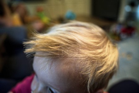 Téléchargez les photos : Gros plan sur les cheveux blonds d'un jeune garçon qui s'accroche à la tête - en image libre de droit