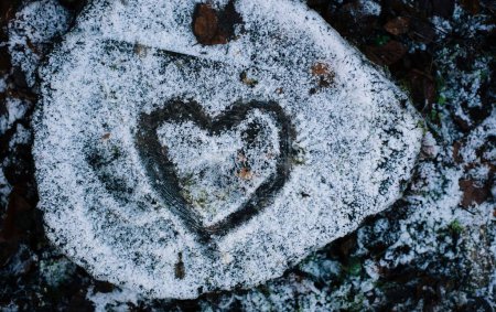 Téléchargez les photos : A love heart drawn into snow on a tree stump - en image libre de droit