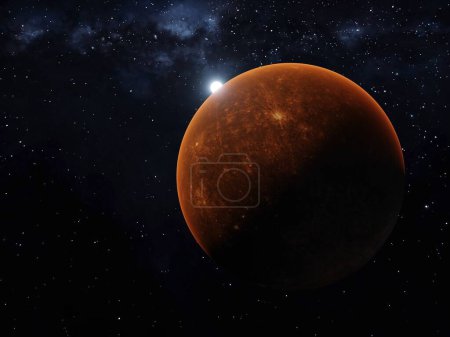 Téléchargez les photos : 3d render of mercury and blue star and milky way view from orbit - en image libre de droit