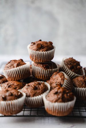Foto de Primer plano de muchos muffins de calabacín con chispas de chocolate sobre fondo blanco. - Imagen libre de derechos