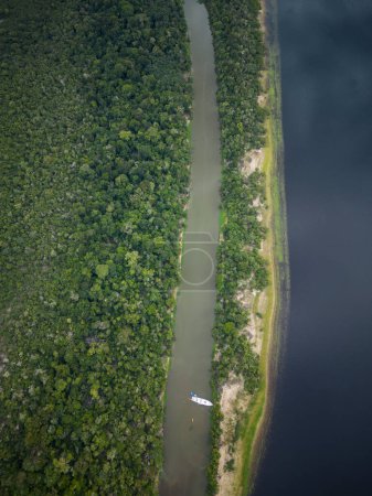 Foto de Hermosa vista aérea de arriba hacia abajo del dron a grandes ríos, barco de gira blanca y selva tropical verde en la Amazonía brasileña - Imagen libre de derechos