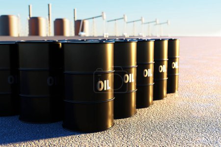 Téléchargez les photos : Oil barrels next to  refinery. 3D Render - en image libre de droit