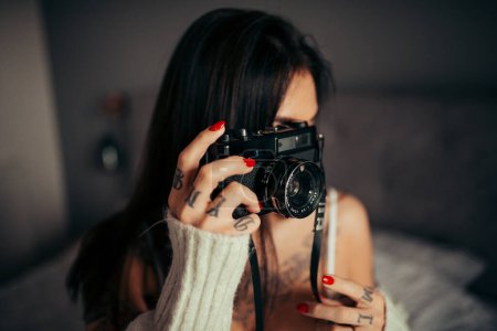 Photo for Hipster woman photograph portait closeup. - Royalty Free Image