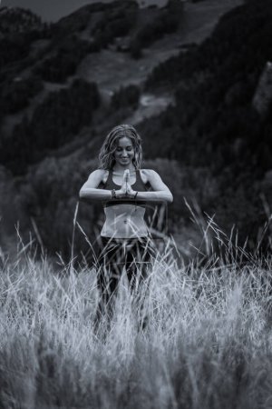 Photo for Aspen Colorado Yoga Poses in Nature Black and White - Royalty Free Image