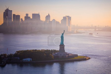 Photo for Statue of Liberty National Monument Aerial Manhattan Backdrop - Royalty Free Image