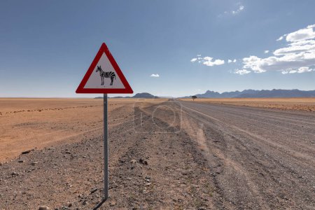 Téléchargez les photos : Panneau d'avertissement de passage à niveau Zebras Sur Gravel Road, Désert de Namib, Namib - en image libre de droit