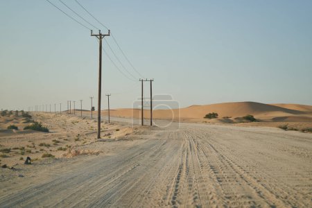 Photo for Road along power lines in the desert at sunset. - Royalty Free Image