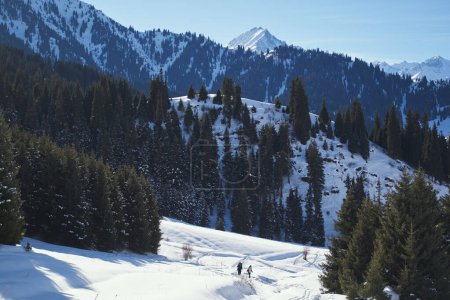Foto de Los excursionistas escalan las montañas a lo largo de su ruta favorita en invierno. - Imagen libre de derechos