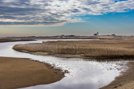 Téléchargez les photos : Une vue sur le marais, la rivière et le phare Racepoint au loin - en image libre de droit