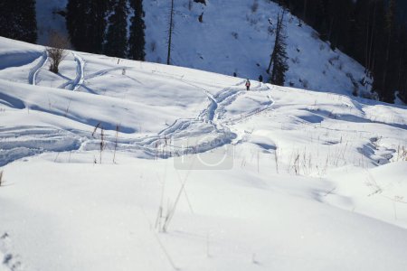 Téléchargez les photos : A hiker walks along snow-covered trails in a mountain valley. - en image libre de droit