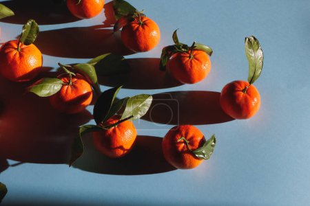 Téléchargez les photos : Tangerines sur fond bleu - vitamines, soleil - en image libre de droit