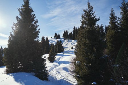 Foto de Un excursionista sube una montaña en un día soleado de invierno. - Imagen libre de derechos