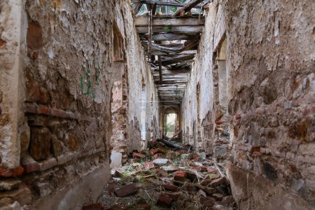 Téléchargez les photos : Corridor of dilapidated building with red brick walls and wooden ceili - en image libre de droit