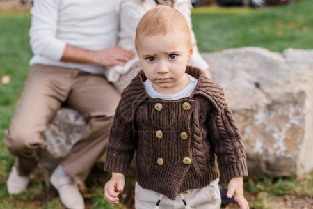 Foto de Un bebé caucásico de ojos marrones niño en un suéter de punto marrón - Imagen libre de derechos