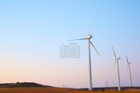Téléchargez les photos : Eoliennes pour la production d'électricité renouvelable à l'aube. - en image libre de droit