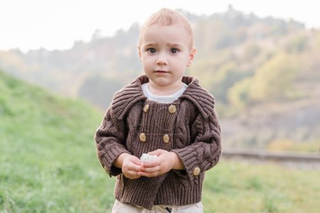 Photo for A brown-eyed Caucasian baby boy toddler outdoors - Royalty Free Image