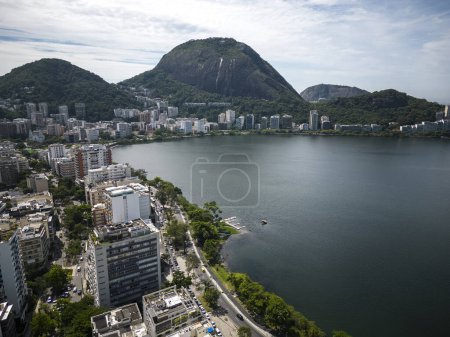 Photo for Beautiful aerial view to residential buildings, urban lagoon and hills - Royalty Free Image