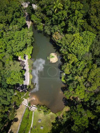 Foto de Hermosa vista aérea a la verde selva tropical atlántica y el lago en Tijuca Forest, Rio de Janeiro, Brasil - Imagen libre de derechos