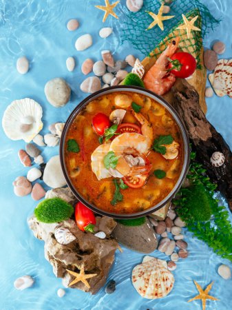 Foto de Asian tom yam soup with shrimp. The plate is on the rocks in the water - Imagen libre de derechos