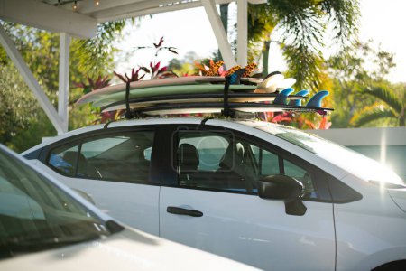 Photo for Surfboards on car roof rack ready to adventure in Puerto Rico - Royalty Free Image