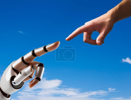 Foto de Una mano robot apunta a una mano humana. Concepto de inteligencia artificial. - Imagen libre de derechos
