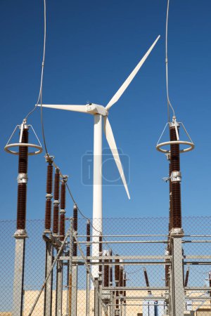Photo for Windmill for electric power production and electrical substation in Spain. - Royalty Free Image