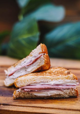 Téléchargez les photos : Sandwich petit déjeuner avec bacon, fromage et sauce tomate sur planche de bois - en image libre de droit