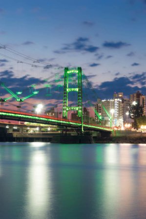 Téléchargez les photos : Pont suspendu éclairé avec des lumières LED vertes. - en image libre de droit