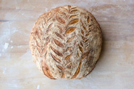 Photo for Top-down view of an artisanal loaf of bread on floured wood countertop - Royalty Free Image