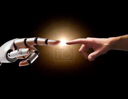 Foto de Una mano robot apunta a una mano humana. Concepto de inteligencia artificial. - Imagen libre de derechos