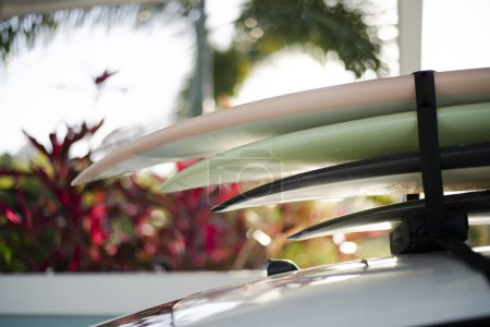 Surfboards on car roof rack ready to adventure in Puerto Rico