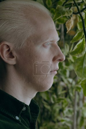 Photo for An albino guy with a green plants on a dark background - Royalty Free Image