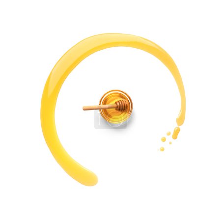 Photo for Honey dipper with honey in circle form. Honey was poured on white background with copy space. Design concept. Space for text. - Royalty Free Image