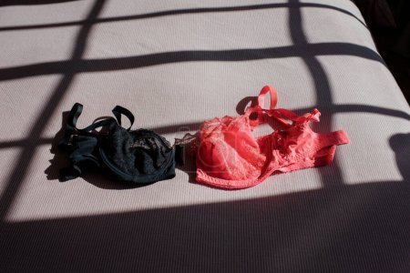 Photo for Women's lingerie laid out on a bed at home in beautiful window light - Royalty Free Image