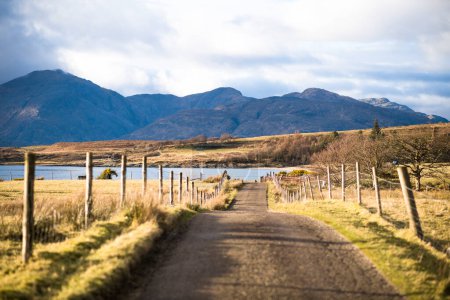 Téléchargez les photos : Route à travers les Highlands écossais ruraux à l'heure d'or - en image libre de droit
