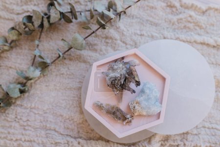 Foto de Hermosa disposición plana rosa de cristales con platos de cristal y eucalipto - Imagen libre de derechos