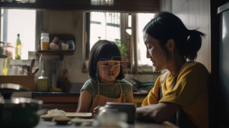 Téléchargez les photos : Asiatique mère et dauther passer du temps ensemble dans la cuisine - en image libre de droit