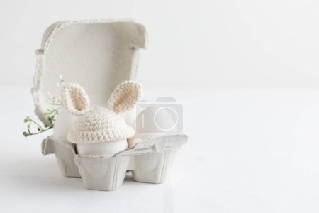 Téléchargez les photos : Œuf de Pâques au crochet chapeau avec des oreilles de lapin dans la boîte à œufs sur fond blanc. Bannière horizontale, carte postale avec espace de copie - en image libre de droit