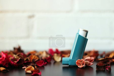 Photo for Medicine and health concept: Blue inhaler. Pharmaceutical product for treat asthma attack. - Royalty Free Image
