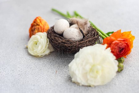 Foto de Hermoso concepto de tarjeta de Pascua con nido y huevos decorados con flores frescas ranúnculos - Imagen libre de derechos