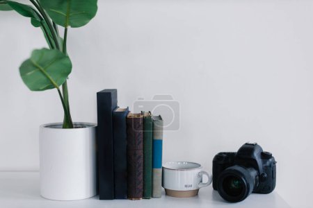 Téléchargez les photos : Bureau intérieur étagère avec plante, livres, appareil photo, tasse - en image libre de droit