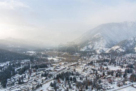 Photo for Aerial view of Leavenworth, Washington at sunrise in December - Royalty Free Image