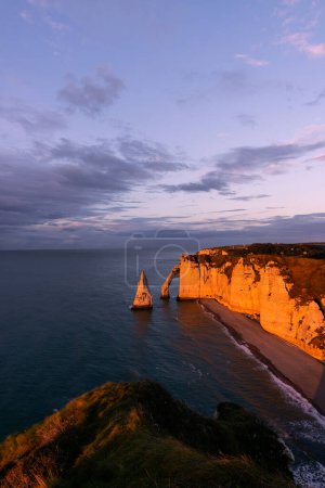 Photo for High angle view of the Needle, the arch of the Aval cliff and the Jambourg beach in Etretat, Normandy - Royalty Free Image