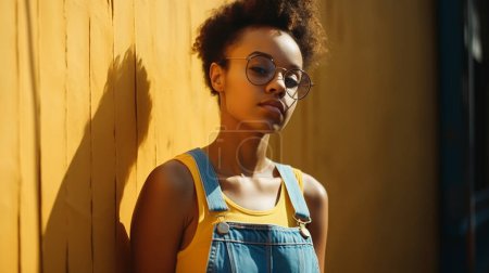 Téléchargez les photos : Afro jeune femme sur débardeur jaune et denim bleu dungarees - en image libre de droit