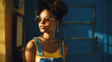 Schöne junge Afro-Frau in Latzhose und Sonnenbrille schaut weg